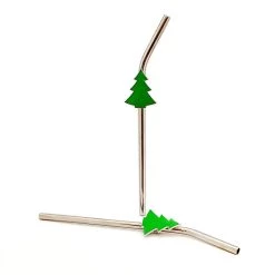 Hot Sale 😀 Bars 🔔 Christmas Tree Pendant Straws W/ Brush - Stainless Steel - Set Of 2 ⭐